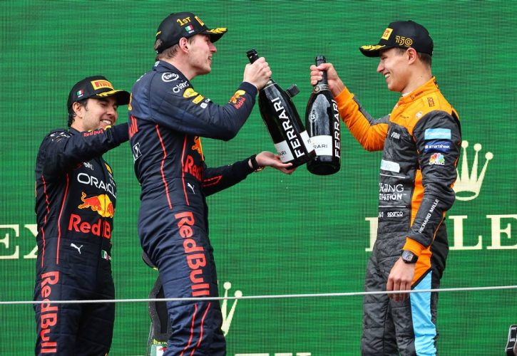 1st place Max Verstappen (NLD) Red Bull Racing RB18, 2nd place Sergio Perez (MEX) Red Bull Racing RB18 and 3rd place Lando Norris (GBR) McLaren MCL36. 24.04.2022. Formula 1 World Championship, Rd 4, Emilia Romagna Grand Prix, Imola, Italy, Race
