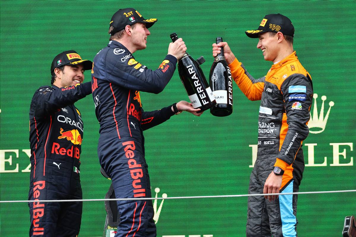 1st place Max Verstappen (NLD) Red Bull Racing RB18, 2nd place Sergio Perez (MEX) Red Bull Racing RB18 and 3rd place Lando Norris (GBR) McLaren MCL36. 24.04.2022. Formula 1 World Championship, Rd 4, Emilia Romagna Grand Prix, Imola, Italy, Race