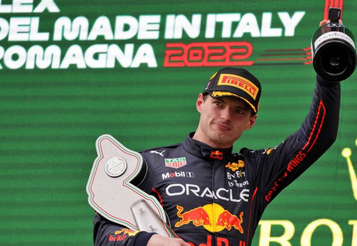 Race winner Max Verstappen (NLD) Red Bull Racing celebrates on the podium. 24.04.2022. Formula 1 World Championship, Rd 4, Emilia Romagna Grand Prix, Imola, Italy, Race