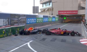 Carlos Sainz (FER) and Sergio Perez (RBR) crash at Portier during qualifying for the Monaco GP. May 28 2022.