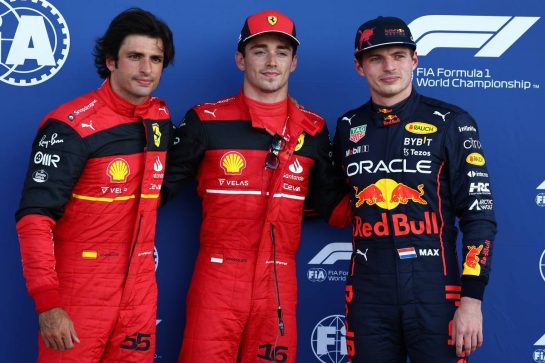Pole for Charles Leclerc (MON) Ferrari F1-75, 2nd for Carlos Sainz Jr (ESP) Ferrari F1-75 and 3rd Max Verstappen (NLD) Red Bull Racing RB18.07.05.2022. Formula 1 World Championship, Rd 5, Miami Grand Prix, Miami, Florida, USA, Qualifying Day.- www.xpbimages.com, EMail: requests@xpbimages.com © Copyright: Batchelor / XPB Images