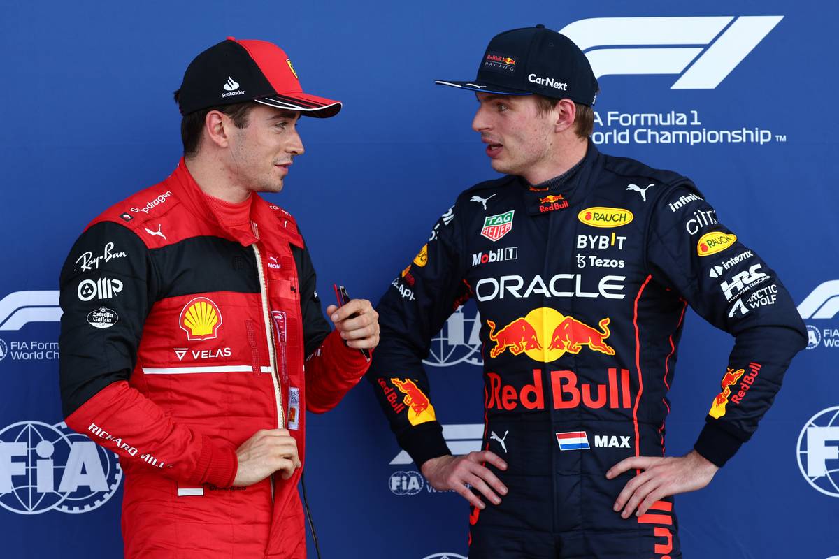 Pole for Charles Leclerc (MON) Ferrari F1-75 and 3rd for Max Verstappen (NLD) Red Bull Racing RB18. 07.05.2022. Formula 1 World Championship, Rd 5, Miami Grand Prix, Miami, Florida, USA, Qualifying 