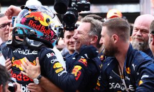 Max Verstappen (NLD) Red Bull Racing RB18 celebrates 1st place with Christian Horner (GBR) Red Bull Racing Team Principal. 08.05.2022. Formula 1 World Championship, Rd 5, Miami Grand Prix, Miami, Florida, USA, Race