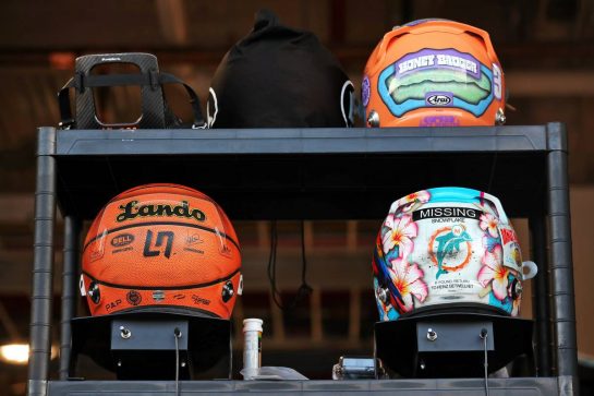 The helmets of Lando Norris (GBR) McLaren and Daniel Ricciardo (AUS) McLaren.
08.05.2022. Formula 1 World Championship, Rd 5, Miami Grand Prix, Miami, Florida, USA, Race Day.
 - www.xpbimages.com, EMail: requests@xpbimages.com © Copyright: Coates / XPB Images