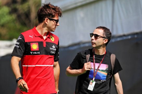 (L to R): Charles Leclerc (MON) Ferrari with Nicolas Todt (FRA) Driver Manager.
19.05.2022. Formula 1 World Championship, Rd 6, Spanish Grand Prix, Barcelona, Spain, Preparation Day.
 - www.xpbimages.com, EMail: requests@xpbimages.com © Copyright: Coates / XPB Images