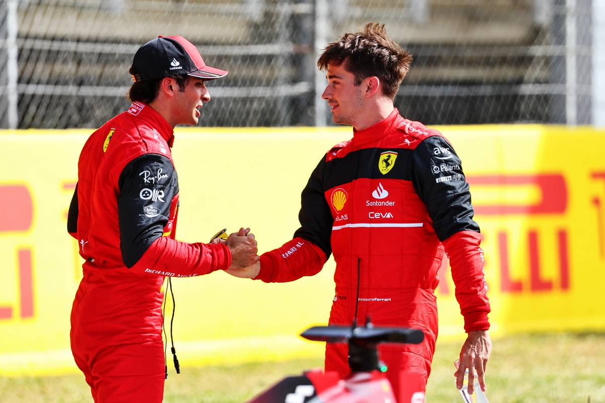 Charles Leclerc (MON) Ferrari (Right) celebrates his pole position in qualifying parc ferme with third placed team mate Carlos Sainz Jr (ESP) Ferrari. 21.05.2022. Formula 1 World Championship, Rd 6, Spanish Grand Prix, Barcelona, Spain, Qualifying