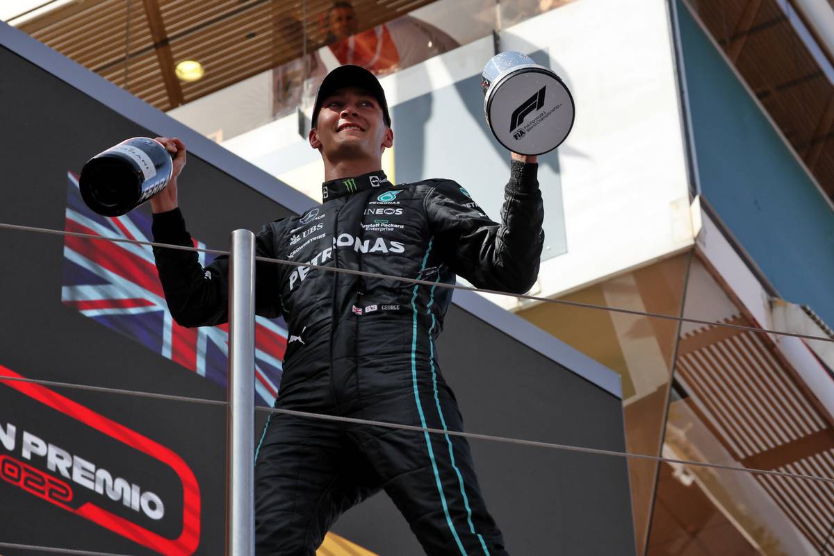George Russell (GBR) Mercedes AMG F1 celebrates his third position on the podium. 22.05.2022. Formula 1 World Championship, Rd 6, Spanish Grand Prix, Barcelona, Spain, Race