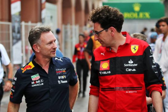 (L to R): Christian Horner (GBR) Red Bull Racing Team Principal with Mattia Binotto (ITA) Ferrari Team Principal.
28.05.2022. Formula 1 World Championship, Rd 7, Monaco Grand Prix, Monte Carlo, Monaco, Qualifying Day.
- www.xpbimages.com, EMail: requests@xpbimages.com © Copyright: Coates / XPB Images