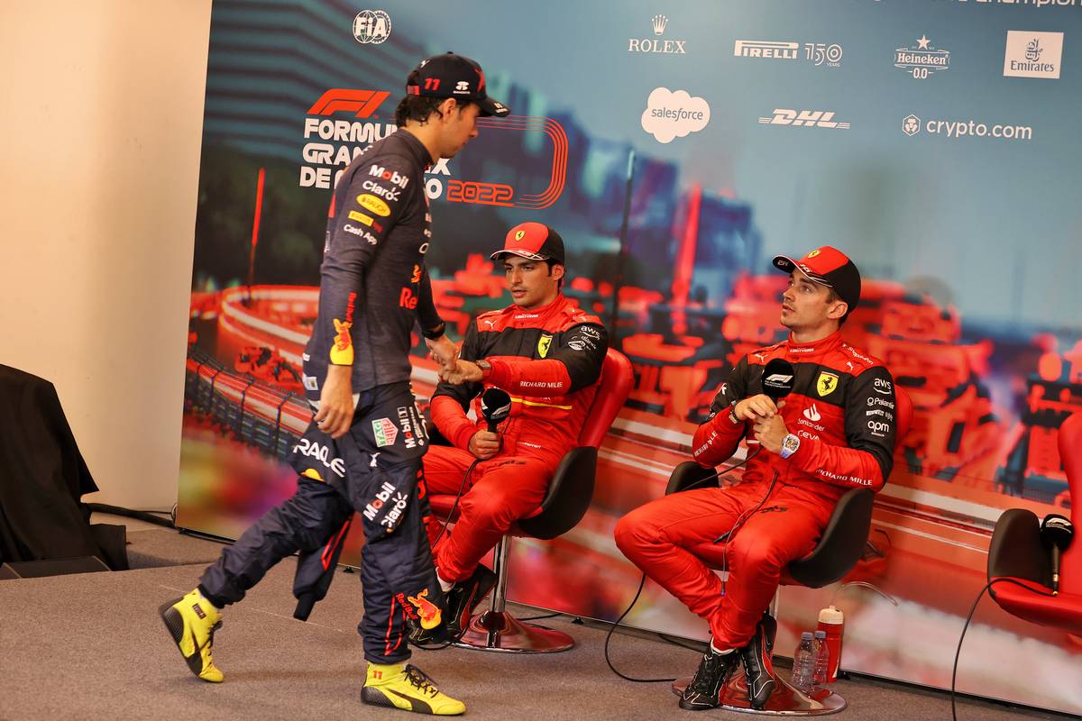 Sergio Perez (MEX) Red Bull Racing; Carlos Sainz Jr (ESP) Ferrari; and Charles Leclerc (MON) Ferrari, in the post qualifying FIA Press Conference. 28.05.2022. Formula 1 World Championship, Rd 7, Monaco Grand Prix, Monte Carlo, Monaco, Qualifying
