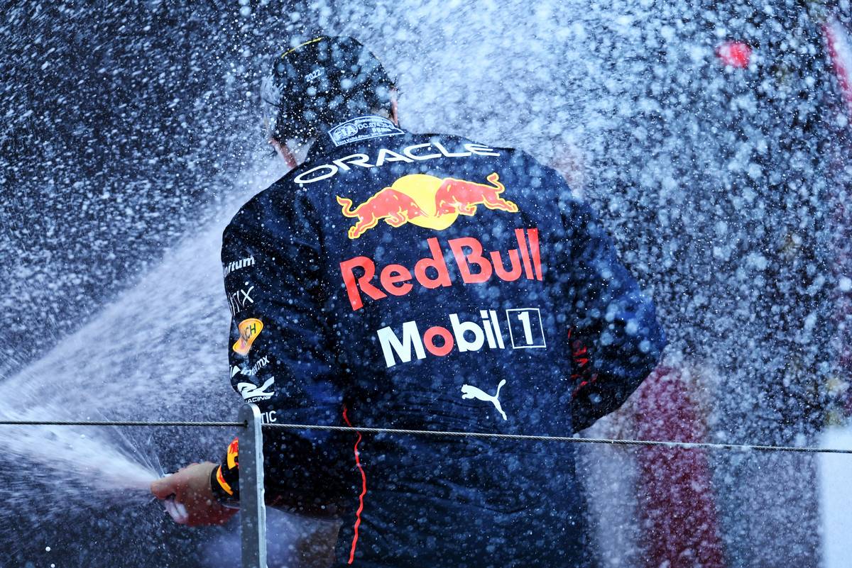 Race winner Sergio Perez (MEX) Red Bull Racing celebrates on the podium. 29.05.2022. Formula 1 World Championship, Rd 7, Monaco Grand Prix, Monte Carlo, Monaco, Race