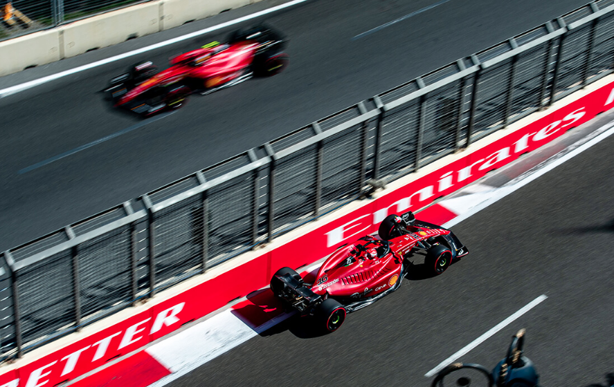 Ferrari team mates Charles Leclerc and Carlos Sainz in qualifying for the 2022 Azerbaijan Grand Prix. June 11 2022
