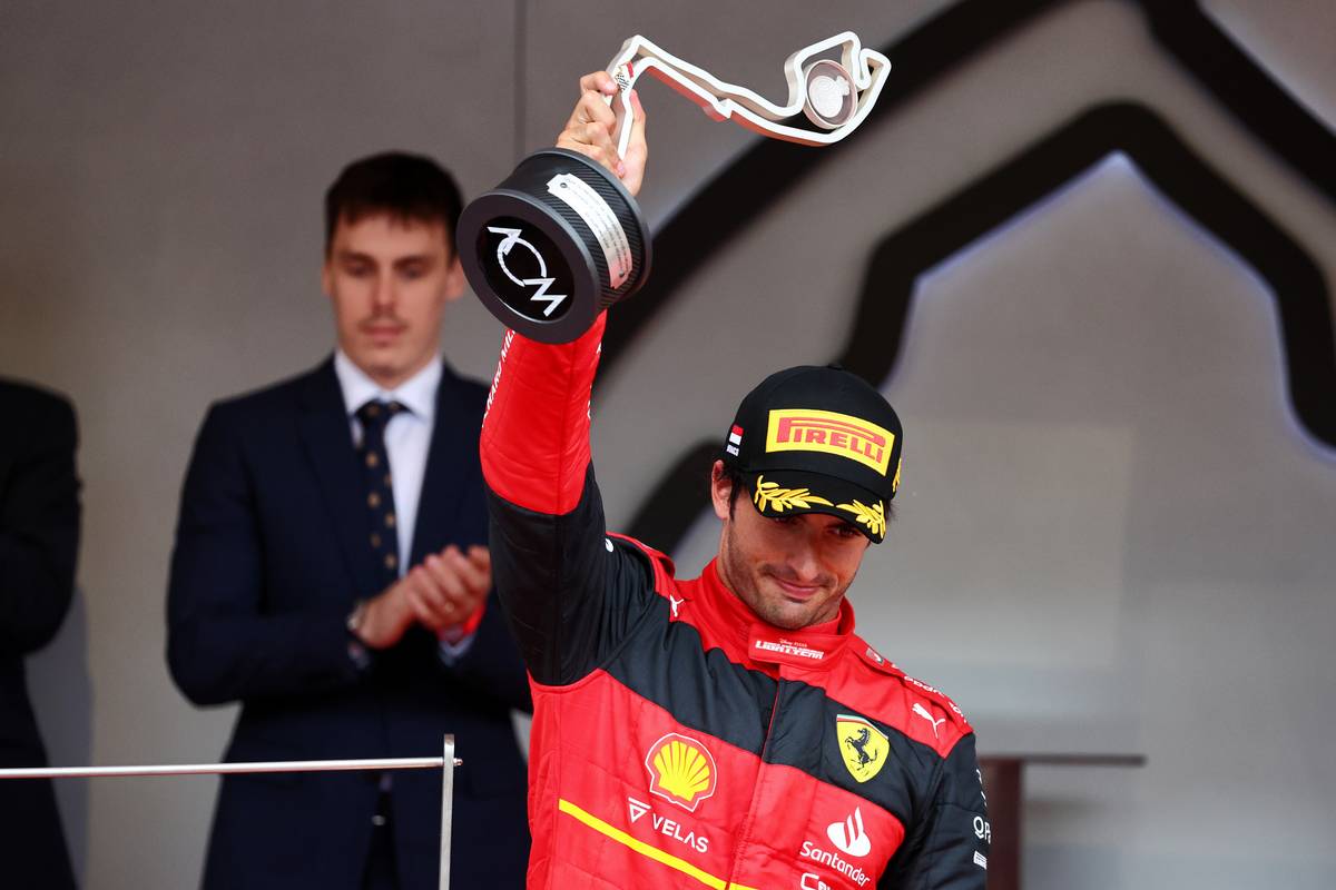 Carlos Sainz Jr (ESP) Ferrari celebrates his second position on the podium. 29.05.2022. Formula 1 World Championship, Rd 7, Monaco