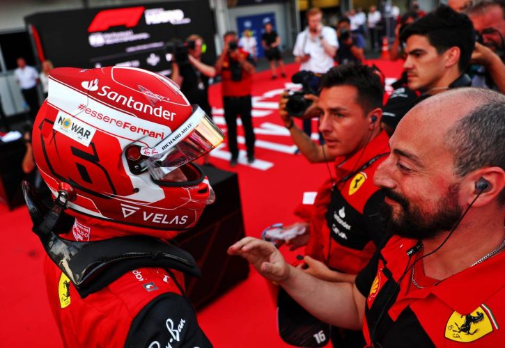 Charles Leclerc (MON) Ferrari celebrates his pole position in qualifying parc ferme with the team. 11.06.2022. Formula 1 World Championship, Rd 8, Azerbaijan Grand Prix, Baku