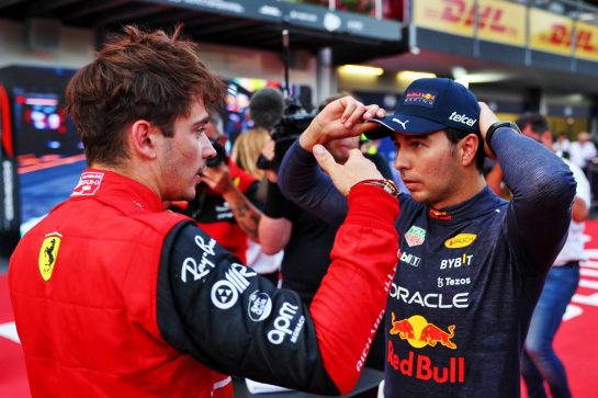 (L to R): Pole sitter Charles Leclerc (MON) Ferrari in qualifying parc ferme with second placed Sergio Perez (MEX) Red Bull Racing.
11.06.2022. Formula 1 World Championship, Rd 8, Azerbaijan Grand Prix, Baku Street Circuit, Azerbaijan, Qualifying Day.
- www.xpbimages.com, EMail: requests@xpbimages.com © Copyright: Batchelor / XPB Images
