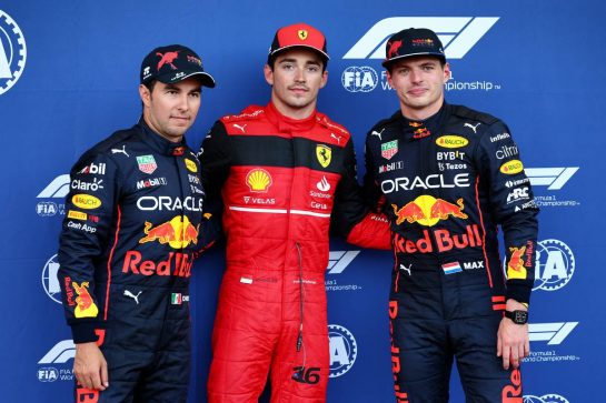 Qualifying top three in parc ferme (L to R): Sergio Perez (MEX) Red Bull Racing, second; Charles Leclerc (MON) Ferrari, pole position; Max Verstappen (NLD) Red Bull Racing, third.
11.06.2022. Formula 1 World Championship, Rd 8, Azerbaijan Grand Prix, Baku Street Circuit, Azerbaijan, Qualifying Day.
- www.xpbimages.com, EMail: requests@xpbimages.com © Copyright: Batchelor / XPB Images