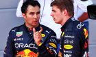 Second placed Sergio Perez (MEX) Red Bull Racing in parc ferme with team mate and race winner Max Verstappen (NLD) Red Bull Racing. 12.06.2022. Formula 1 World Championship, Rd 8, Azerbaijan Grand Prix, Baku