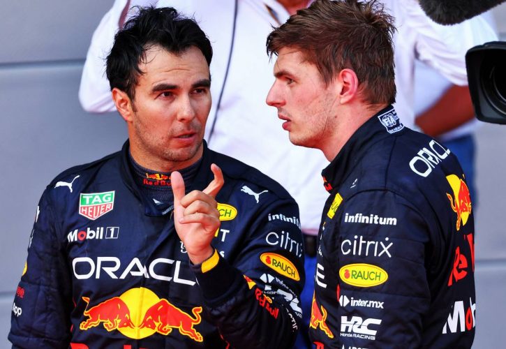 Second placed Sergio Perez (MEX) Red Bull Racing in parc ferme with team mate and race winner Max Verstappen (NLD) Red Bull Racing. 12.06.2022. Formula 1 World Championship, Rd 8, Azerbaijan Grand Prix, Baku