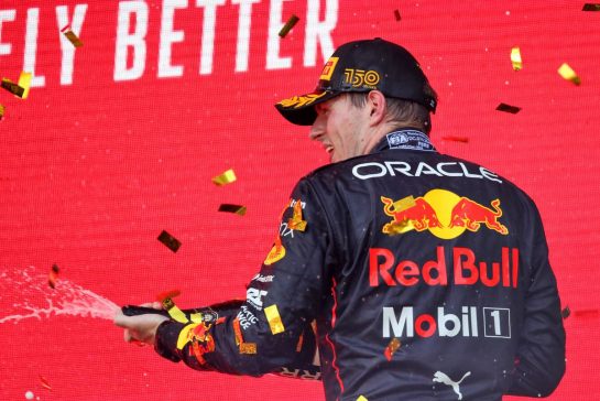 Race winner Max Verstappen (NLD) Red Bull Racing celebrates on the podium.
12.06.2022. Formula 1 World Championship, Rd 8, Azerbaijan Grand Prix, Baku Street Circuit, Azerbaijan, Race Day.
 - www.xpbimages.com, EMail: requests@xpbimages.com © Copyright: Coates / XPB Images