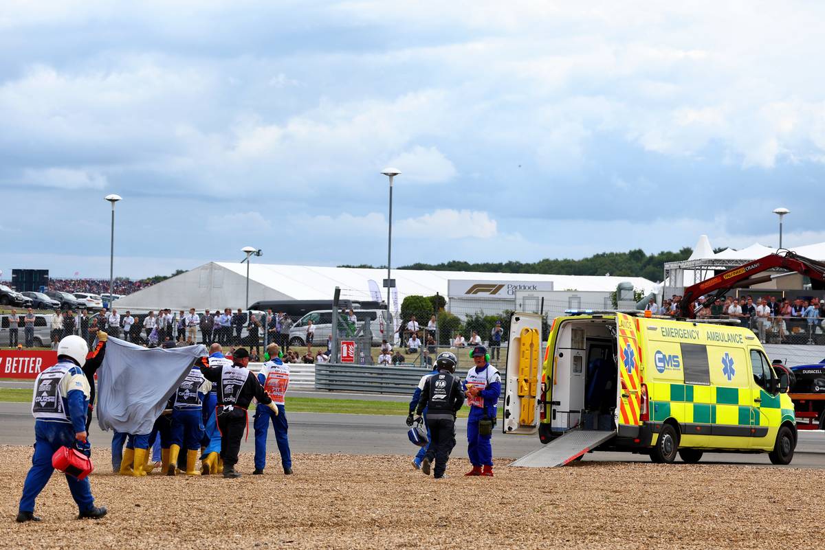 Guanyu Zhou (CHN) Alfa Romeo F1 Team is taken away on a stretcher into an ambulance after he crashed at the start of the race. 03.07.2022. Formula 1 World Championship, Rd 10, British Grand Prix, Silverstone, England, Race