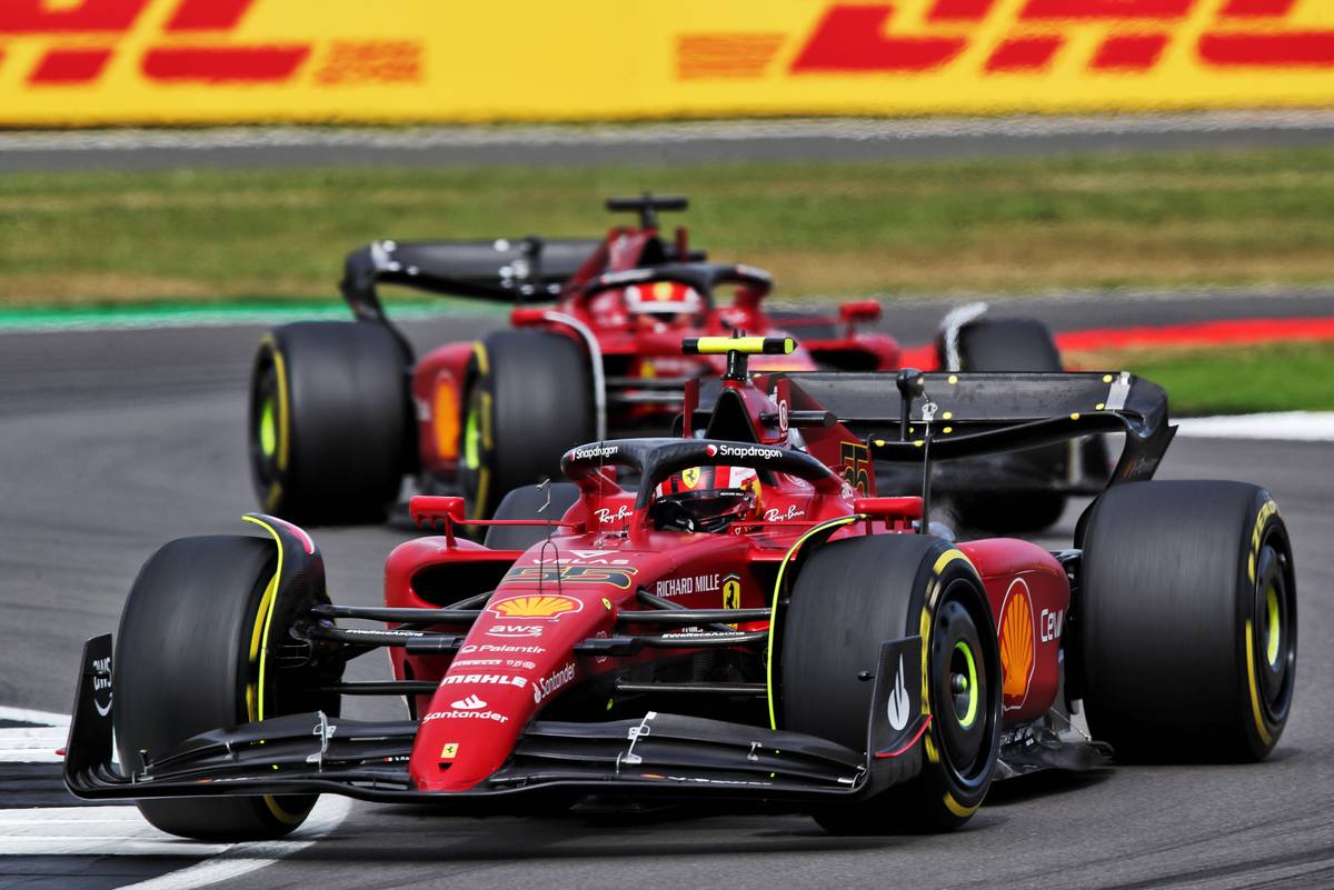 Carlos Sainz Jr (ESP) Ferrari F1-75 leads team mate Charles Leclerc (MON) Ferrari F1-75. 03.07.2022. Formula 1 World Championship, Rd 10, British Grand Prix, Silverstone, England, Race
