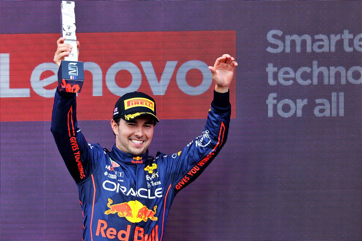 Sergio Perez (MEX) Red Bull Racing celebrates his second position on the podium. 03.07.2022. Formula 1 World Championship, Rd 10, British Grand Prix, Silverstone, England, Race