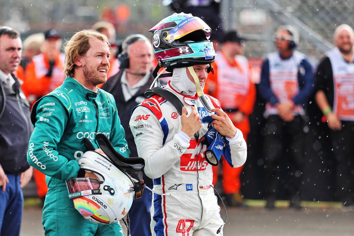 Sebastian Vettel (GER) Aston Martin F1 Team with Mick Schumacher (GER) Haas F1 Team in parc ferme. 03.07.2022. Formula 1 World Championship, Rd 10, British Grand Prix, Silverstone, England, Race