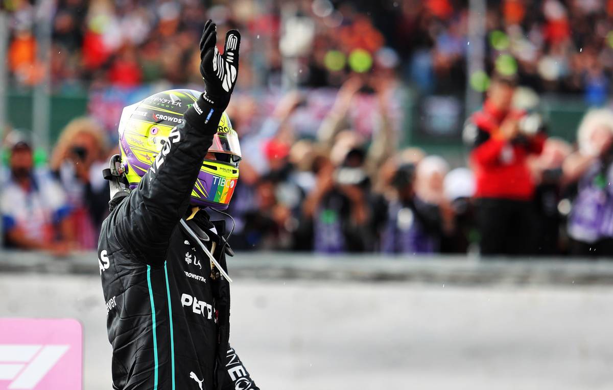 Lewis Hamilton (GBR) Mercedes AMG F1 celebrates his third position in parc ferme. 03.07.2022. Formula 1 World Championship, Rd 10, British Grand Prix, Silverstone, England, Race