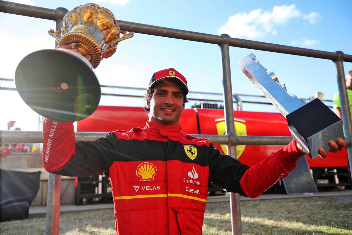 Race winner Carlos Sainz Jr (ESP) Ferrari celebrates with his trophies. 03.07.2022. Formula 1 World Championship, Rd 10, British Grand Prix, Silverstone, England, Race