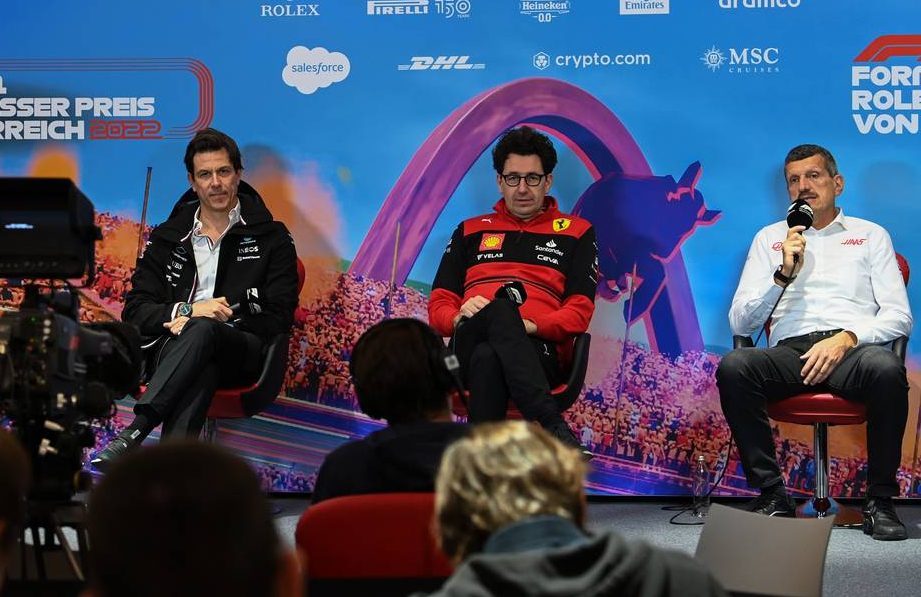 Toto Wolff (GER) Mercedes AMG F1 Shareholder and Executive Director; Mattia Binotto (ITA) Ferrari Team Principal; and Guenther Steiner (ITA) Haas F1 Team Principal, in the FIA Press Conference. 09.07.2022. Formula 1 World Championship, Rd 11, Austrian Grand Prix, Spielberg, Austria, Sprint