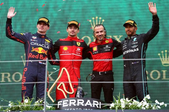 1st place Charles Leclerc (MON) Ferrari F1-75 with 2nd place Max Verstappen (NLD) Red Bull Racing RB18, 3rd place Lewis Hamilton (GBR) Mercedes AMG F1 W13 and
Laurent Mekies (FRA) Ferrari Sporting Director.
10.07.2022. Formula 1 World Championship, Rd 11, Austrian Grand Prix, Spielberg, Austria, Race Day.
- www.xpbimages.com, EMail: requests@xpbimages.com © Copyright: Batchelor / XPB Images
