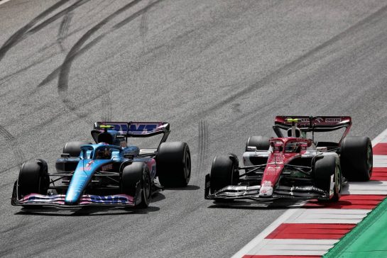Esteban Ocon (FRA) Alpine F1 Team A522 and Guanyu Zhou (CHN) Alfa Romeo F1 Team C42 battle for position.
10.07.2022. Formula 1 World Championship, Rd 11, Austrian Grand Prix, Spielberg, Austria, Race Day.
- www.xpbimages.com, EMail: requests@xpbimages.com © Copyright: Coates / XPB Images