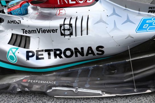 The repaired floor of George Russell (GBR) Mercedes AMG F1 W13.
10.07.2022. Formula 1 World Championship, Rd 11, Austrian Grand Prix, Spielberg, Austria, Race Day.
- www.xpbimages.com, EMail: requests@xpbimages.com © Copyright: Batchelor / XPB Images