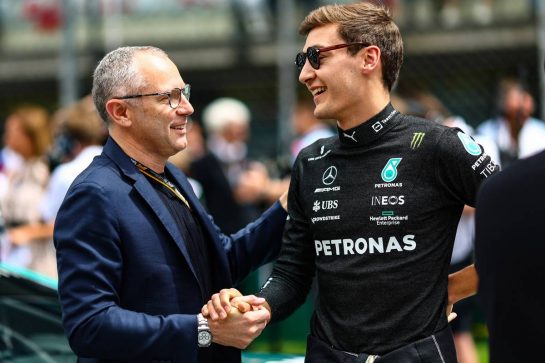 Stefano Domenicali (ITA), Liberty Media and George Russell (GBR), Mercedes AMG F1 
10.07.2022. Formula 1 World Championship, Rd 11, Austrian Grand Prix, Spielberg, Austria, Race Day.
- www.xpbimages.com, EMail: requests@xpbimages.com © Copyright: Charniaux / XPB Images