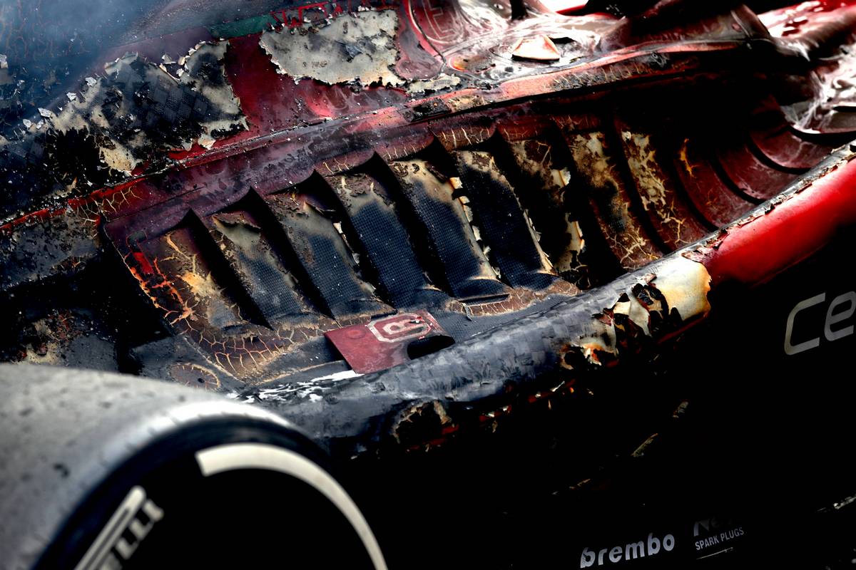 The charred remains of the Ferrari F1-75 of Carlos Sainz Jr (ESP) after it caught fire during the race. 10.07.2022. Formula 1 World Championship, Rd 11, Austrian Grand Prix, Spielberg, Austria, Race