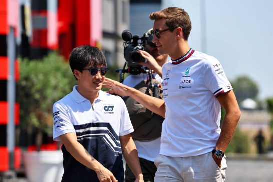 (L to R): Yuki Tsunoda (JPN) AlphaTauri with George Russell (GBR) Mercedes AMG F1.
21.07.2022. Formula 1 World Championship, Rd 12, French Grand Prix, Paul Ricard, France, Preparation Day.
- www.xpbimages.com, EMail: requests@xpbimages.com © Copyright: Batchelor / XPB Images