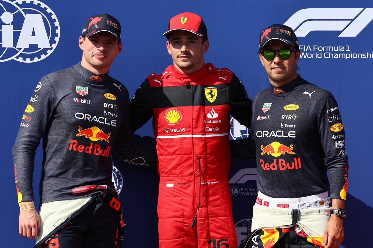 Pole for Charles Leclerc (MON) Ferrari F1-75, 2nd for Max Verstappen (NLD) Red Bull Racing RB18 and 3rd for Sergio Perez (MEX) Red Bull Racing RB18. 23.07.2022. Formula 1 World Championship, Rd 12, French Grand Prix, Paul Ricard, France, Qualifying
