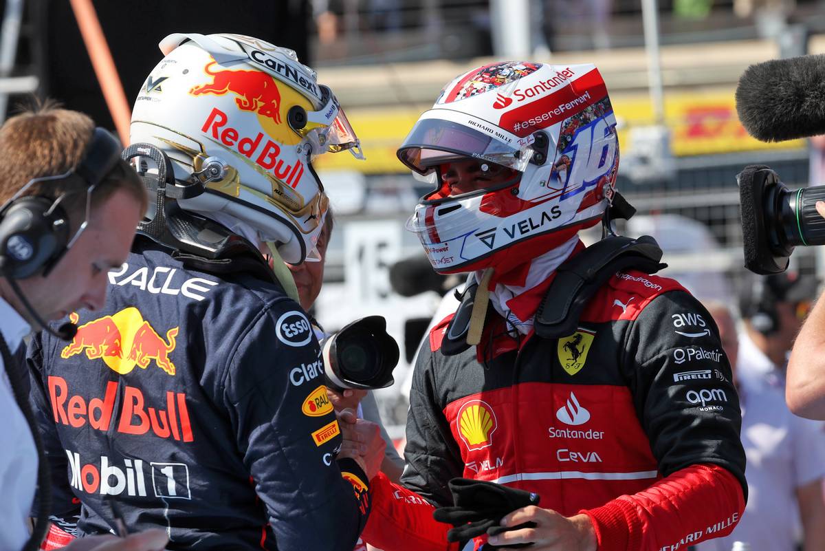 Max Verstappen (NLD) Red Bull Racing with pole sitter Sergio Perez (MEX) Red Bull Racing in qualifying parc ferme. 23.07.2022. Formula 1 World Championship, Rd 12, French Grand Prix, Paul Ricard, France, Qualifying