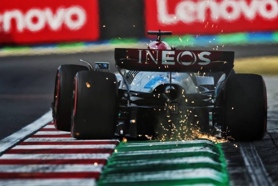 George Russell (GBR) Mercedes AMG F1 W13 sends sparks flying.
29.07.2022. Formula 1 World Championship, Rd 13, Hungarian Grand Prix, Budapest, Hungary, Practice Day.
- www.xpbimages.com, EMail: requests@xpbimages.com © Copyright: Coates / XPB Images