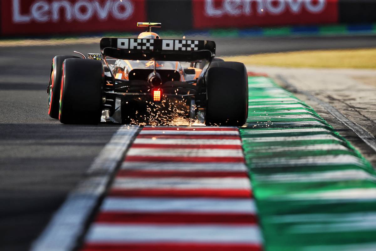 Lando Norris (GBR) McLaren MCL36 sends sparks flying. 29.07.2022. Formula 1 World Championship, Rd 13, Hungarian Grand Prix, Budapest, Hungary, Practice