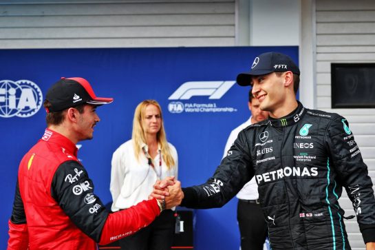 George Russell (GBR) Mercedes AMG F1 (Right) celebrates his pole position in qualifying parc ferme with third placed Charles Leclerc (MON) Ferrari.
30.07.2022. Formula 1 World Championship, Rd 13, Hungarian Grand Prix, Budapest, Hungary, Qualifying Day.
- www.xpbimages.com, EMail: requests@xpbimages.com © Copyright: Batchelor / XPB Images