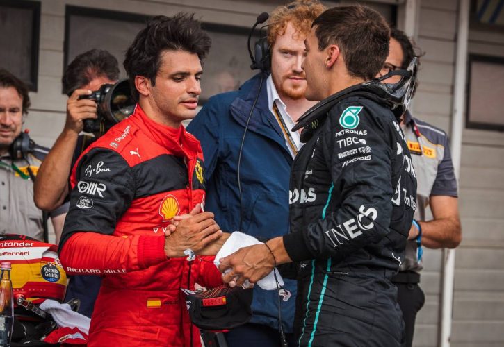 George Russell (GBR) Mercedes AMG F1 (Right) celebrates his pole position in qualifying parc ferme with second placed Carlos Sainz Jr (ESP) Ferrari. 30.07.2022. Formula 1 World Championship, Rd 13, Hungarian Grand Prix, Budapest, Hungary, Qualifying