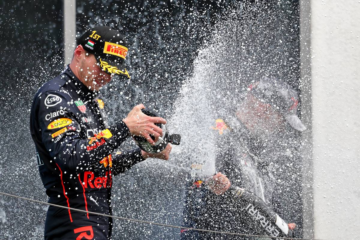 Race winner Max Verstappen (NLD) Red Bull Racing celebrates on the podium. 31.07.2022. Formula 1 World Championship, Rd 13, Hungarian Grand Prix, Budapest, Hungary, Race