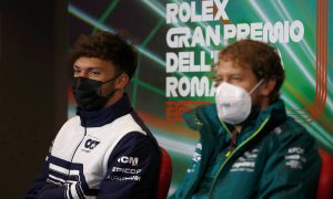 Pierre Gasly (FRA) AlphaTauri and Sebastian Vettel (GER) Aston Martin F1 Team in the FIA Press Conference. 22.04.2022. Formula 1 World Championship, Rd 4, Emilia Romagna Grand Prix, Imola, Italy, Qualifying