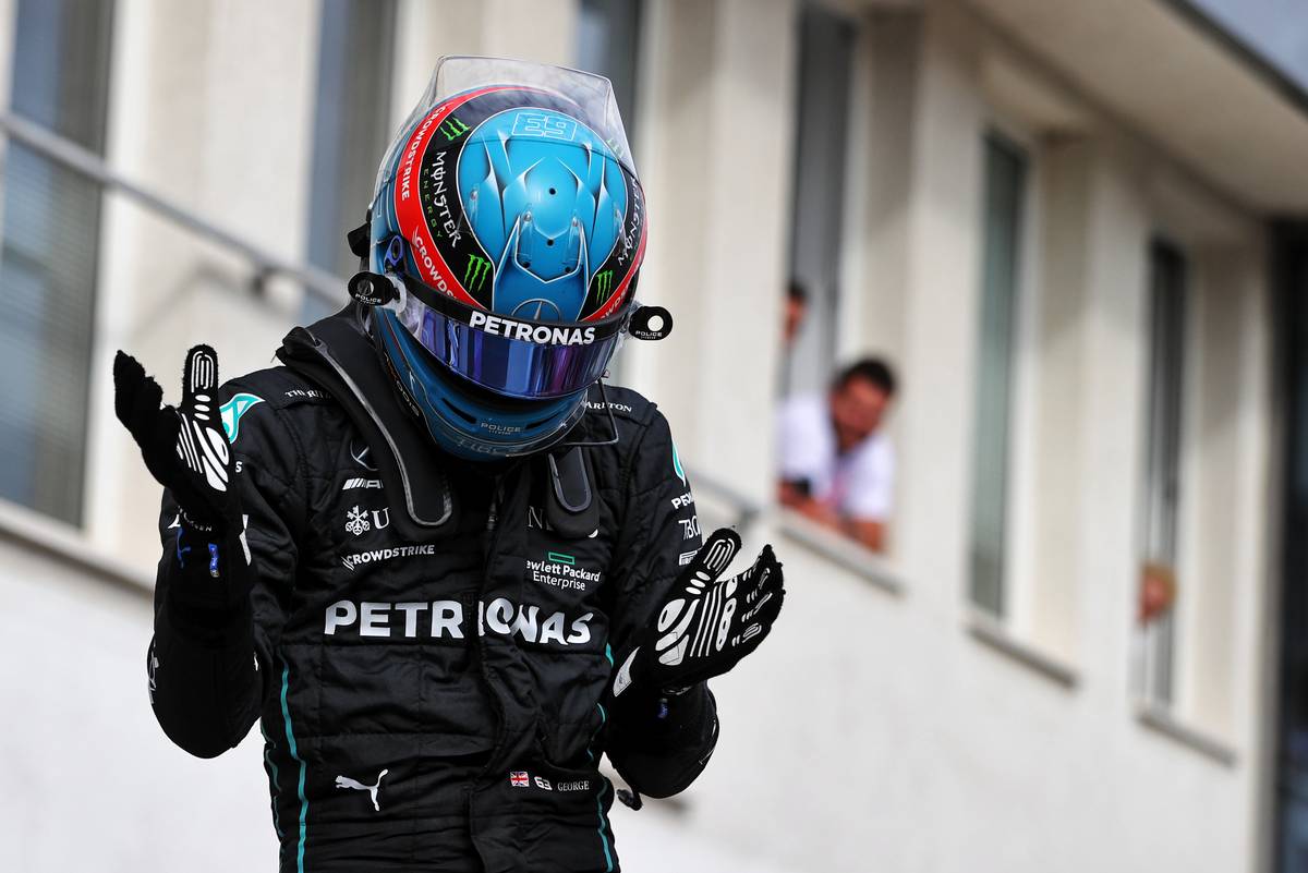 George Russell (GBR) Mercedes AMG F1 celebrates his pole position in qualifying parc ferme. 30.07.2022. Formula 1 World Championship, Rd 13, Hungarian Grand Prix, Budapest, Hungary, Qualifying