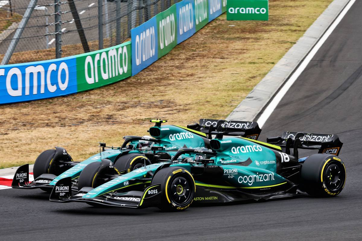 Lance Stroll (CDN) Aston Martin F1 Team AMR22 and team mate Sebastian Vettel (GER) Aston Martin F1 Team AMR22 battle for position. 31.07.2022. Formula 1 World Championship, Rd 13, Hungarian Grand Prix, Budapest, Hungary, Race