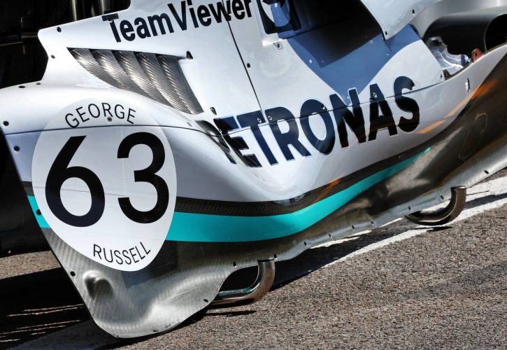 George Russell (GBR) Mercedes AMG F1 W13 sidepod and engine cover - retro number. 25.08.2022. Formula 1 World Championship, Rd 14, Belgian Grand Prix, Spa Francorchamps, Belgium, Preparation