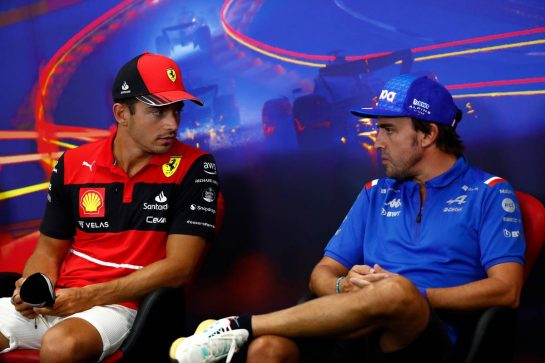 (L to R): Charles Leclerc (MON) Ferrari and Fernando Alonso (ESP) Alpine F1 Team in the FIA Press Conference.
25.08.2022. Formula 1 World Championship, Rd 14, Belgian Grand Prix, Spa Francorchamps, Belgium, Preparation Day.
- www.xpbimages.com, EMail: requests@xpbimages.com © Copyright: XPB Images