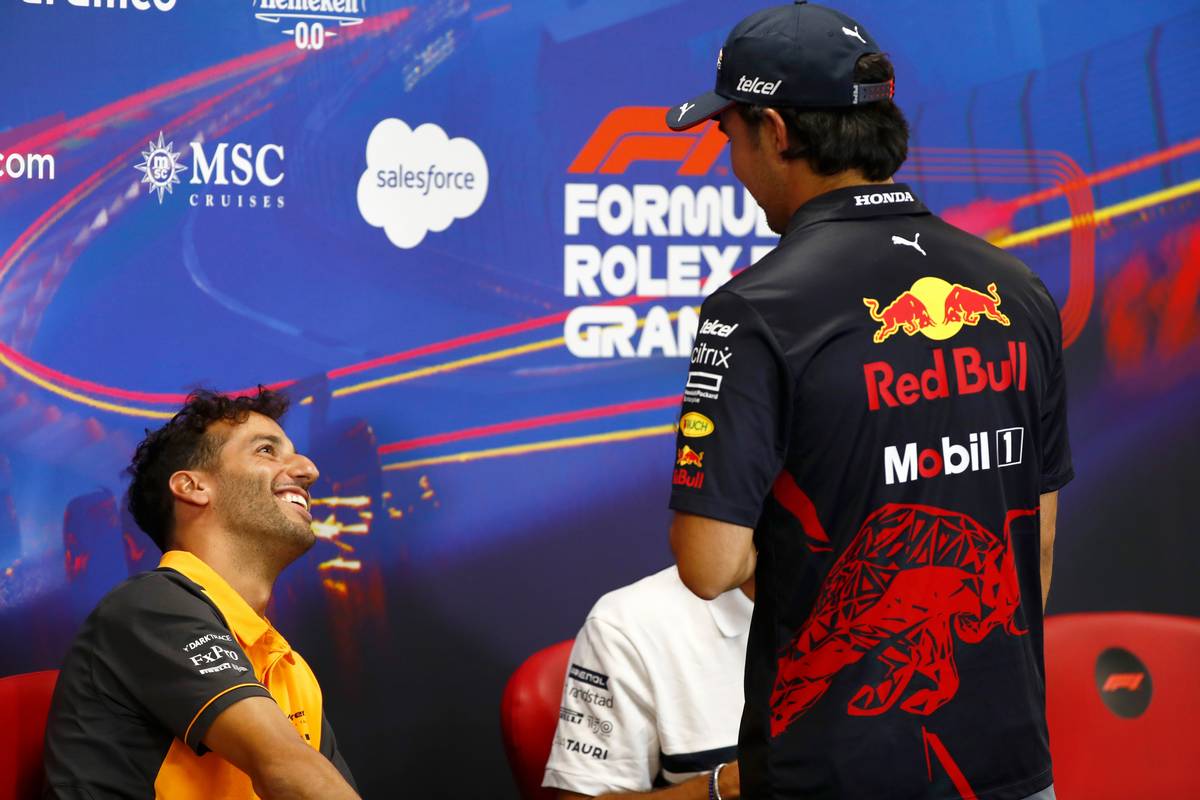 Daniel Ricciardo (AUS) McLaren and Sergio Perez (MEX) Red Bull Racing in the FIA Press Conference. 25.08.2022. Formula 1 World Championship, Rd 14, Belgian Grand Prix, Spa Francorchamps, Belgium, Prep