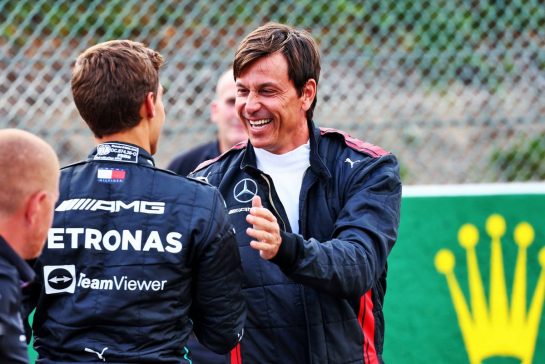(L to R): George Russell (GBR) Mercedes AMG F1 with Toto Wolff (GER) Mercedes AMG F1 Shareholder and Executive Director.
25.08.2022. Formula 1 World Championship, Rd 14, Belgian Grand Prix, Spa Francorchamps, Belgium, Preparation Day.
- www.xpbimages.com, EMail: requests@xpbimages.com © Copyright: Batchelor / XPB Images