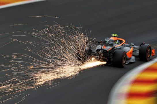 Lando Norris (GBR) McLaren MCL36 sends sparks flying.
26.08.2022. Formula 1 World Championship, Rd 14, Belgian Grand Prix, Spa Francorchamps, Belgium, Practice Day.
 - www.xpbimages.com, EMail: requests@xpbimages.com © Copyright: Coates / XPB Images